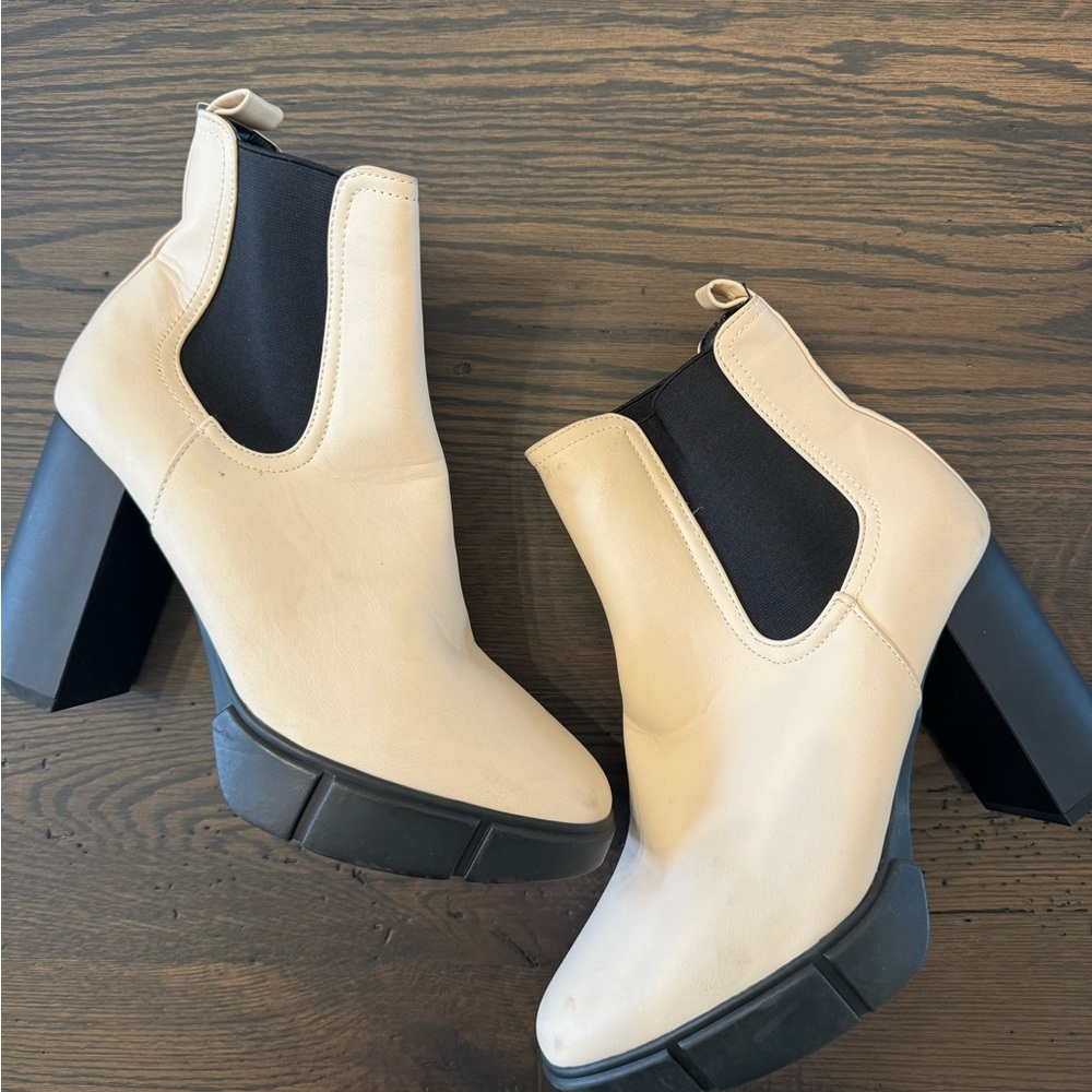 Women's Cream Heeled Chunky Chelsea Boots